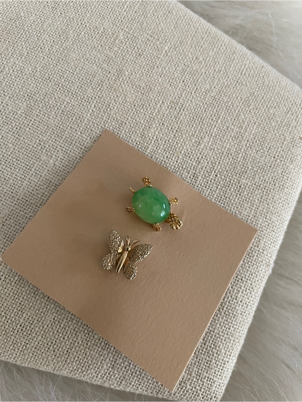 Vintage brooch set pair Gold butterfly  & Green Turtle Pin Set